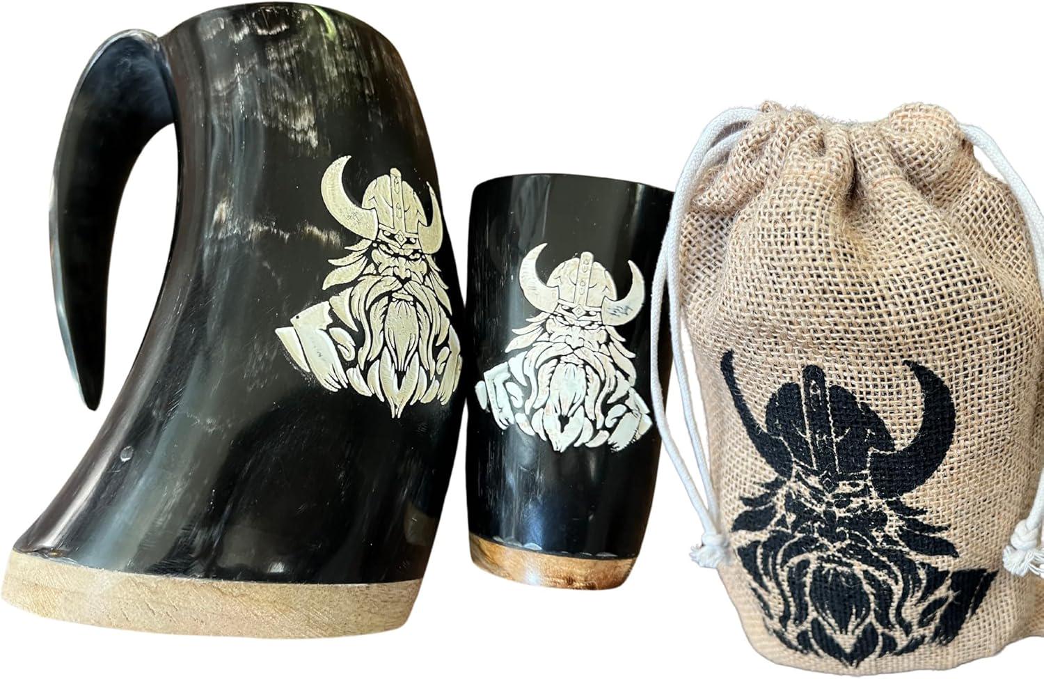Viking Mug - Viking Drinking Horn Mug Set: Genuine Ox Horn Stein with Shot Glass