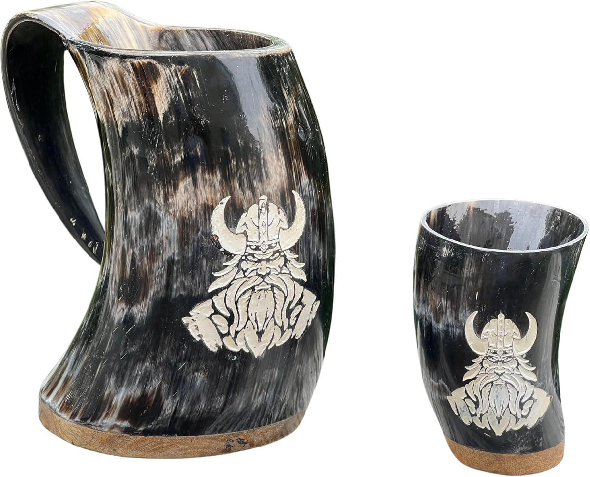 Viking Mug - Viking Drinking Horn Mug Set: Genuine Ox Horn Stein with Shot Glass