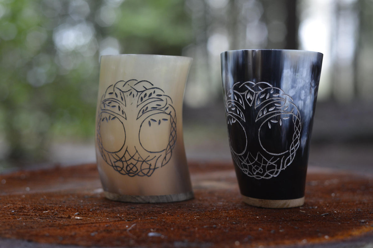 Viking Mug - HandCarved Ox Horn Drinking Cups Norse-Inspired Carved Design