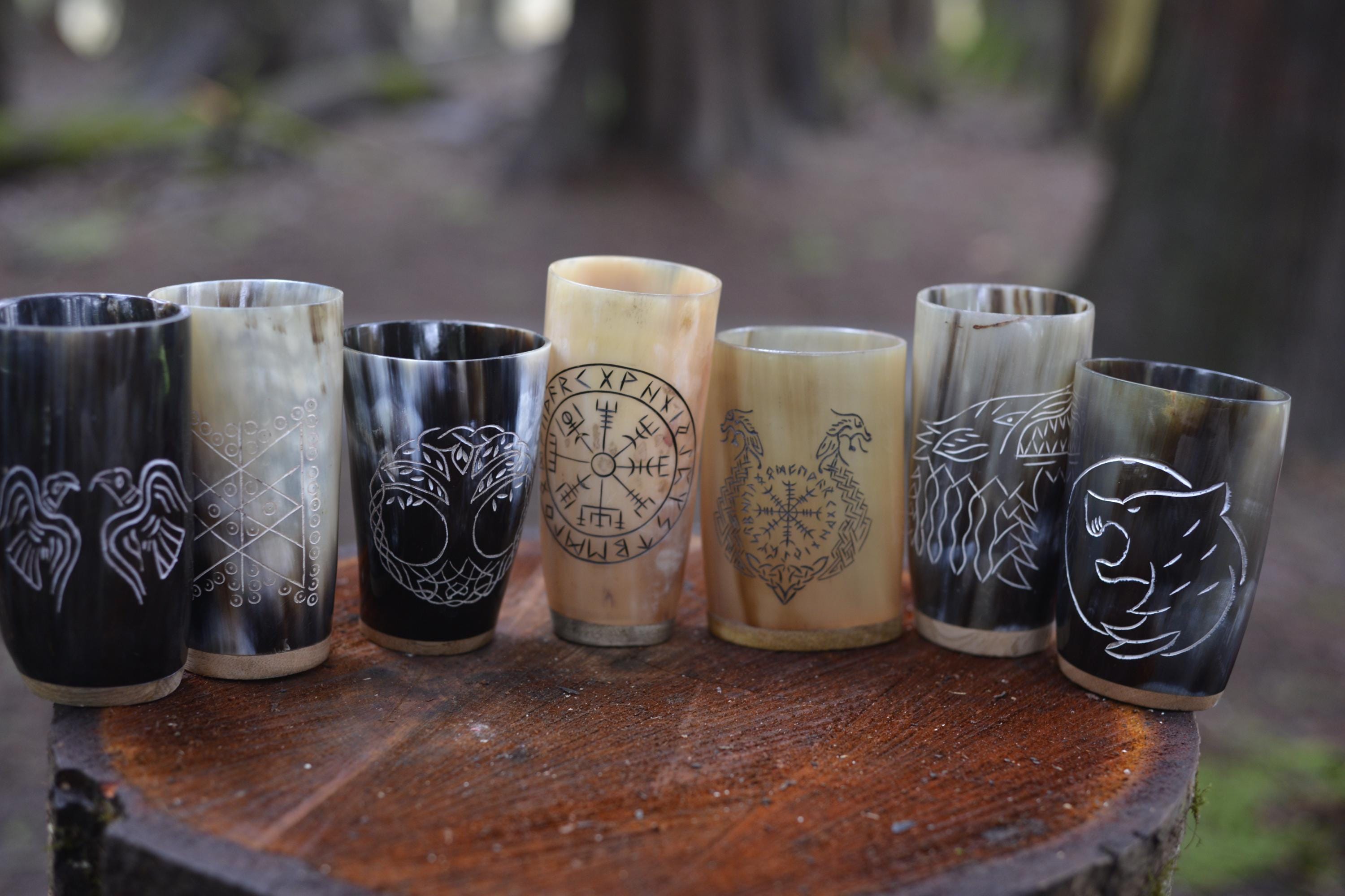 Viking Raven Mug - Authentic Drinking Horn Mug, Engraved Norse Raven Horn Tankard, Viking Mead