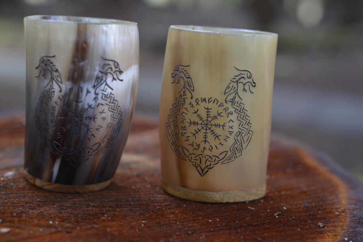 Viking Mug - HandCarved Ox Horn Drinking Cups Norse-Inspired Carved Design
