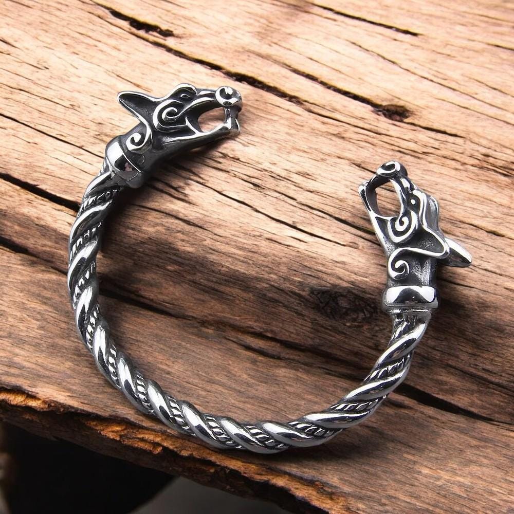Viking Wolf Ring - Viking Wolf Head Torque Cuff Bracelet - Stainless Steel Fenrir Norse Arm Ring