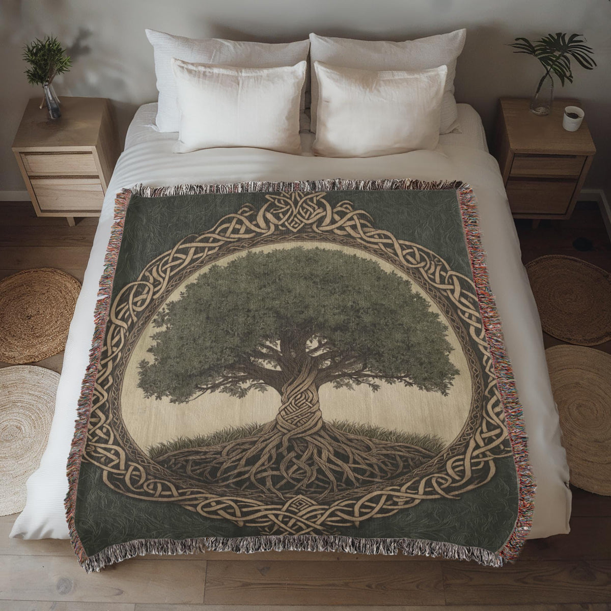 Viking Raven Blanket - Viking Axes Woven Throw Blanket, Norse Raven Celtic Knot Tapestry, Medieval