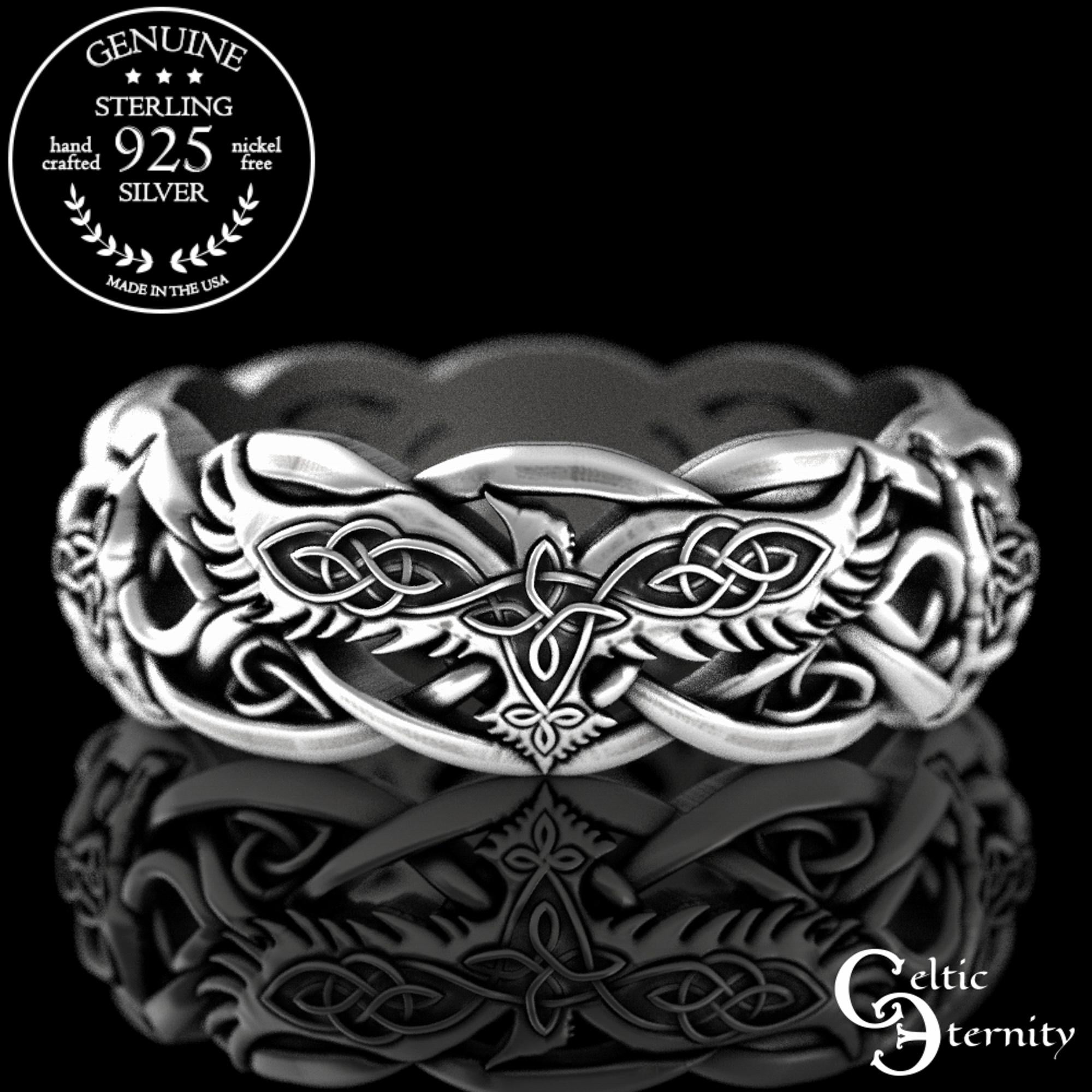 Viking Wolf Ring - Norse Raven Wolf Ring Silver Blue Stone Viking Celtic Knot Band