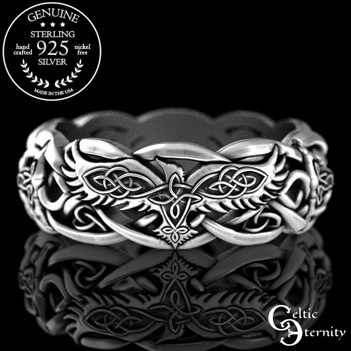 Viking Raven Ring - Sterling Silver Raven Ring, Celtic Knot Ring, Viking Raven Ring, Gothic Mens