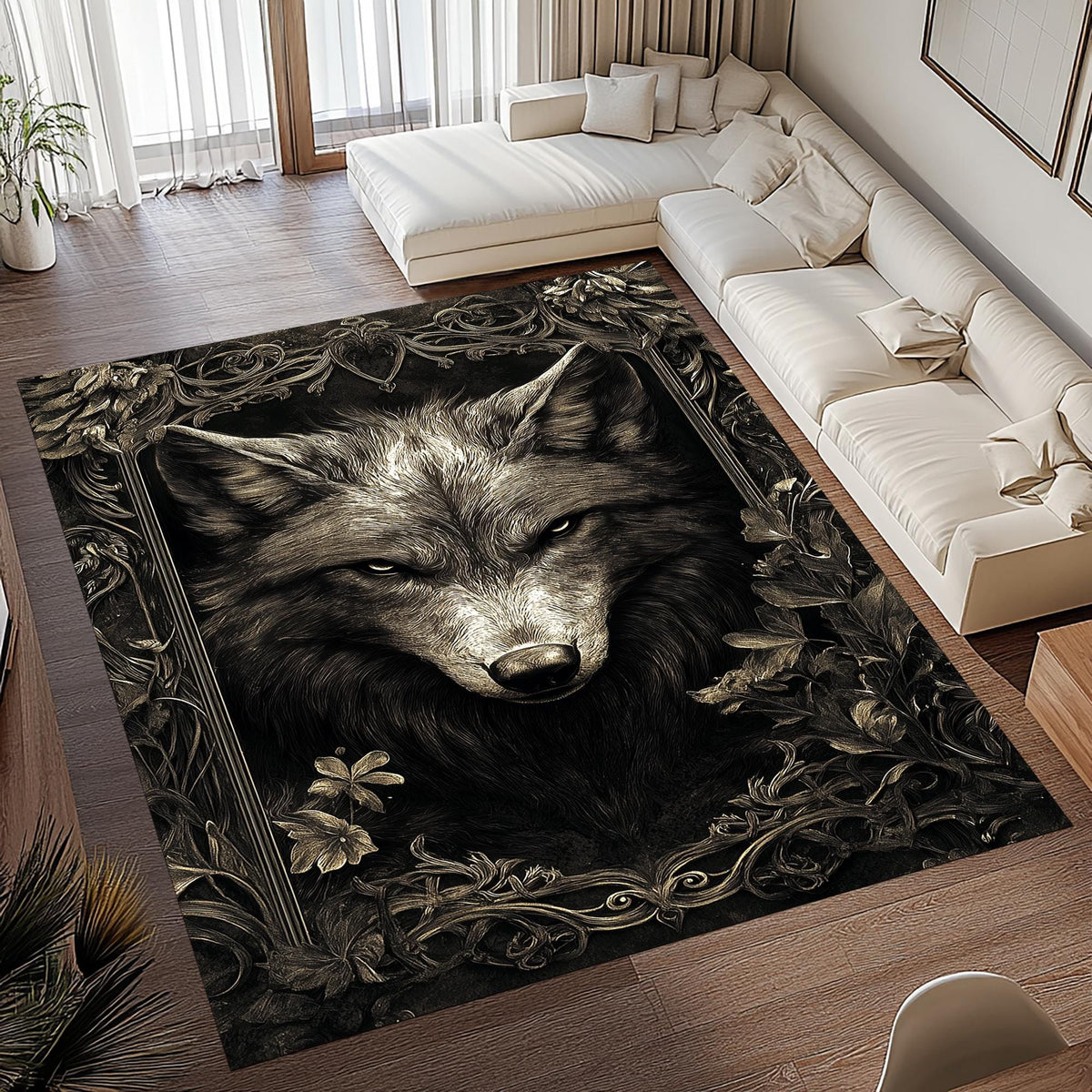 Viking Wolf Rug - Viking Wolf Head Rug, Norse Celtic Knot Mythology Art, Bronze Carved Nordic Decor