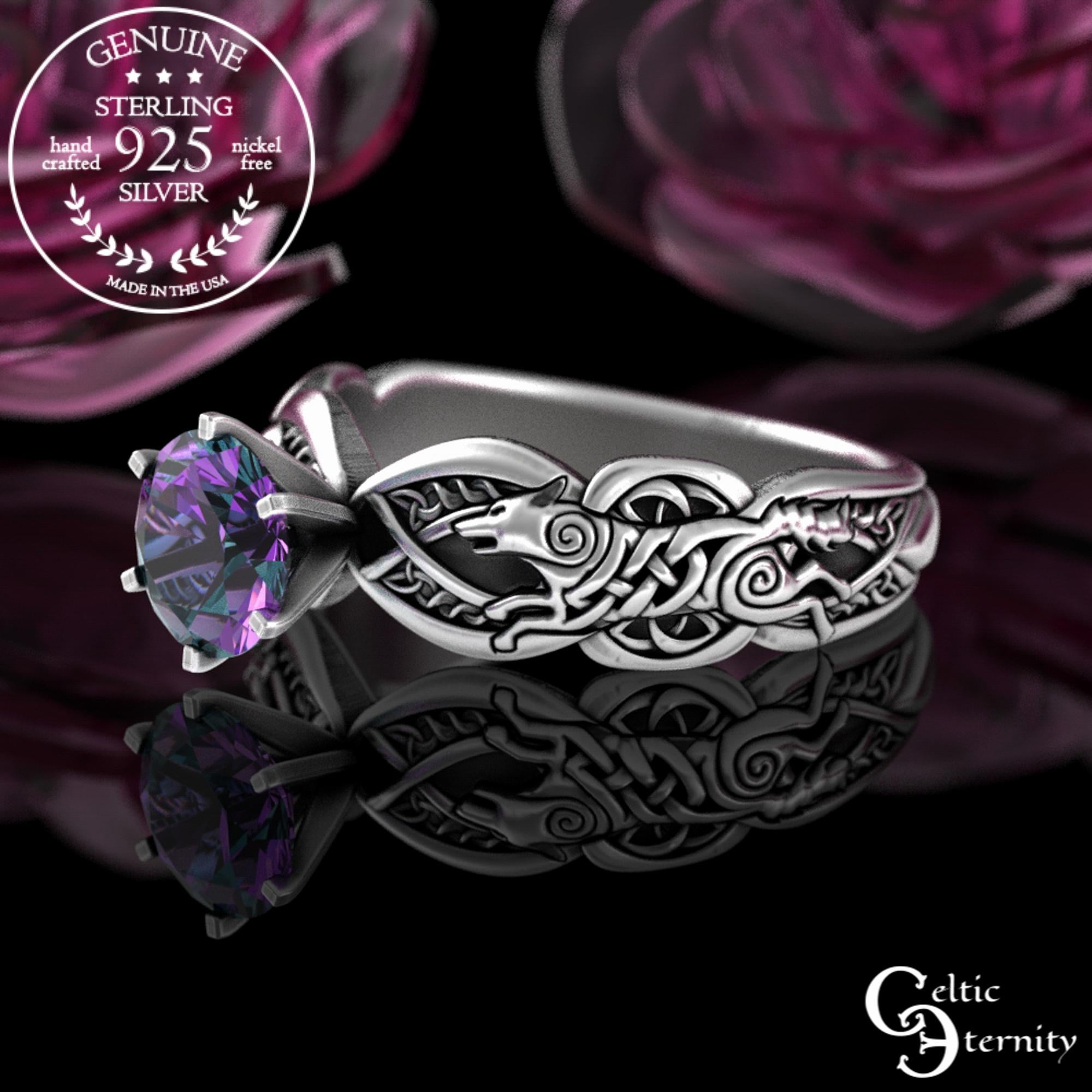 Viking Wolf Ring - Sterling Viking Wolf Solitaire Ring, Alexandrite Mated For Life Ring, Silver