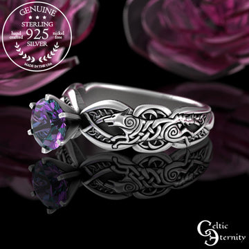 Viking Wolf Ring - Sterling Viking Wolf Solitaire Ring, Alexandrite Mated For Life Ring, Silver