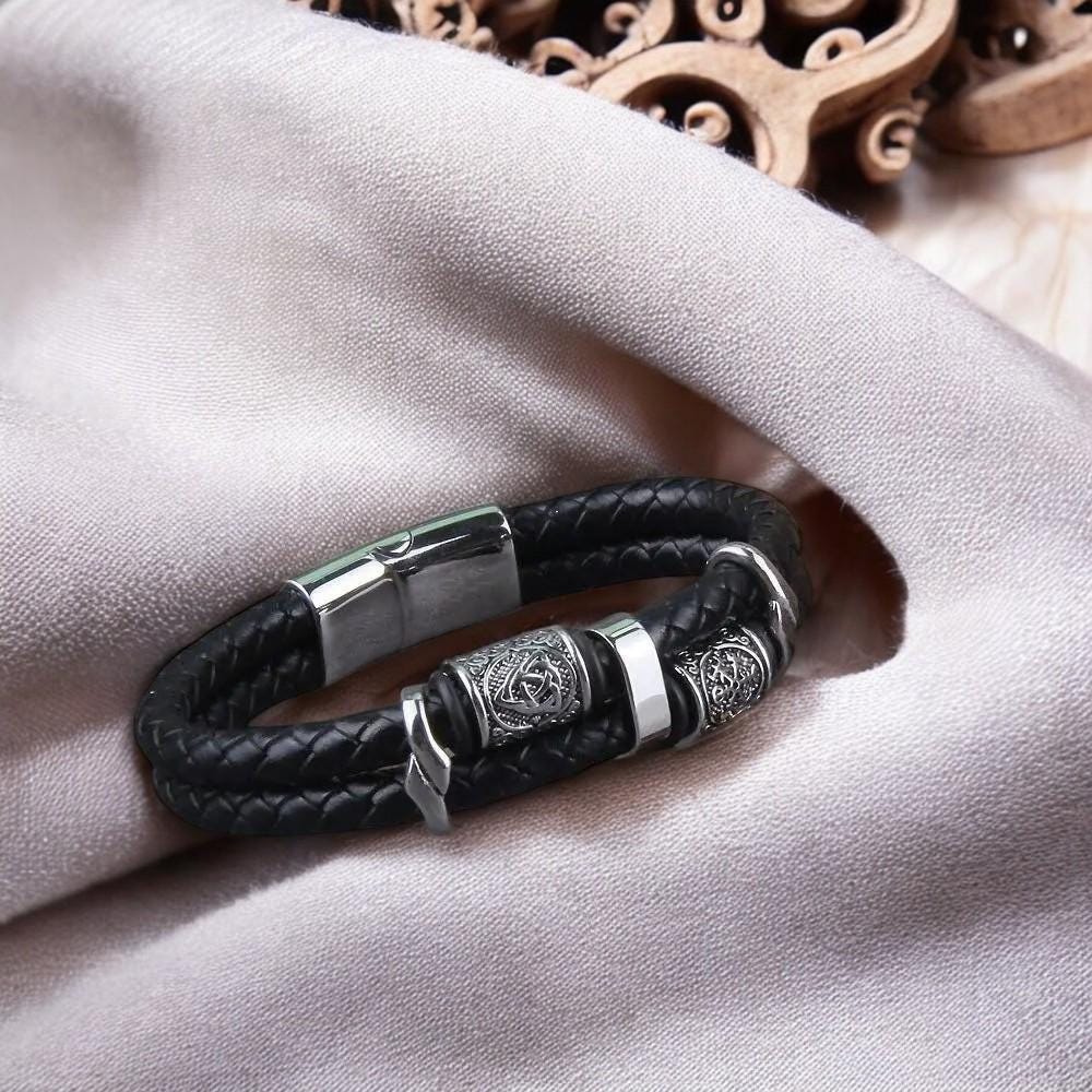 Viking Vegvisir Compass Bracelet - Viking Braided Leather Bracelet – Norse Runes, Celtic Knot