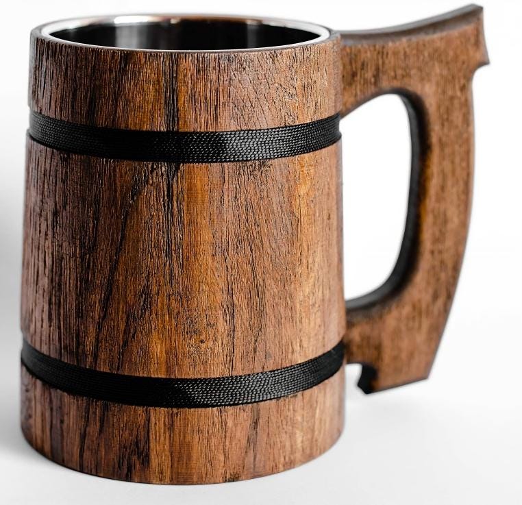 Viking Mug - Handcrafted Wooden Beer Mug: Rustic Viking Tankard with Stainless Steel Lining