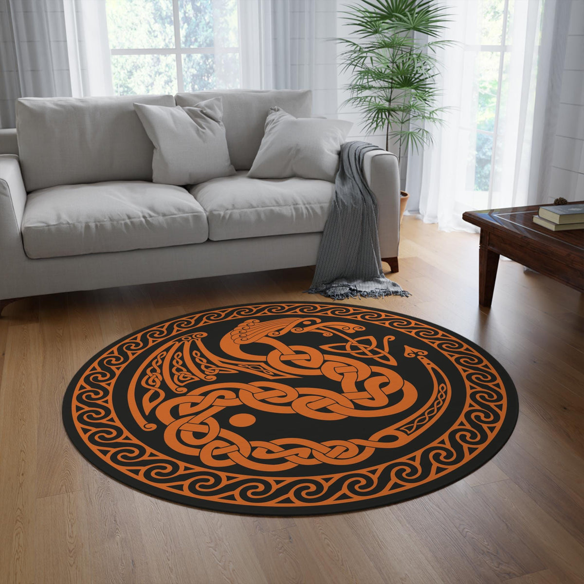 Viking Odin Rug - Viking Round Rug, Norse Mythology Area Rug, Runic Circle Floor Mat, Horn of Odin