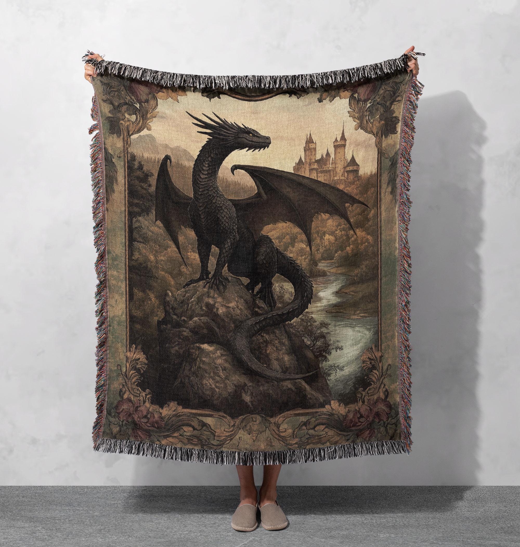 Viking Blanket - Viking Nordic Dragon Woven Cotton Throw Blanket, Fringed Tapestry Decor