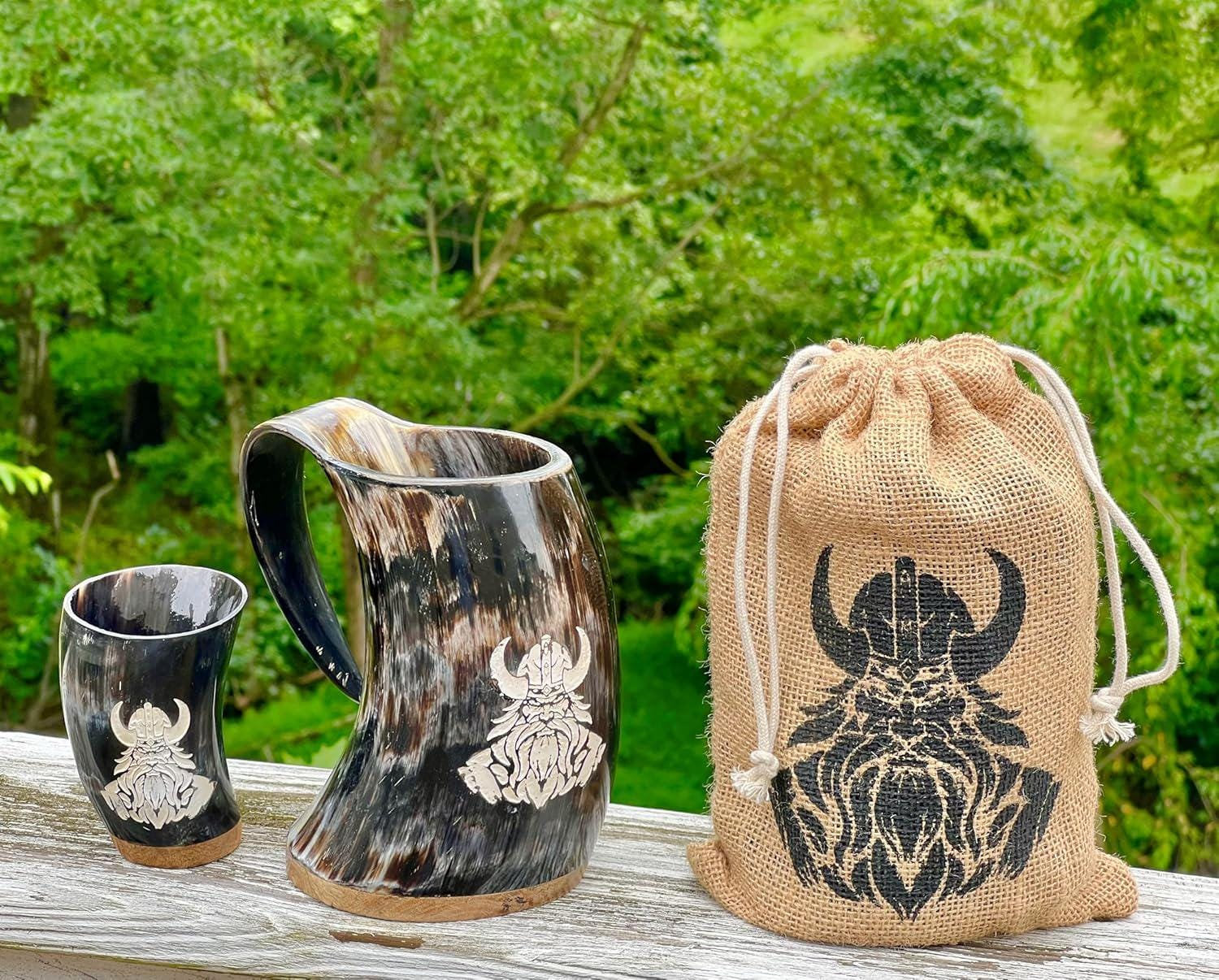 Viking Mug - Viking Drinking Horn Mug Set: Genuine Ox Horn Stein with Shot Glass