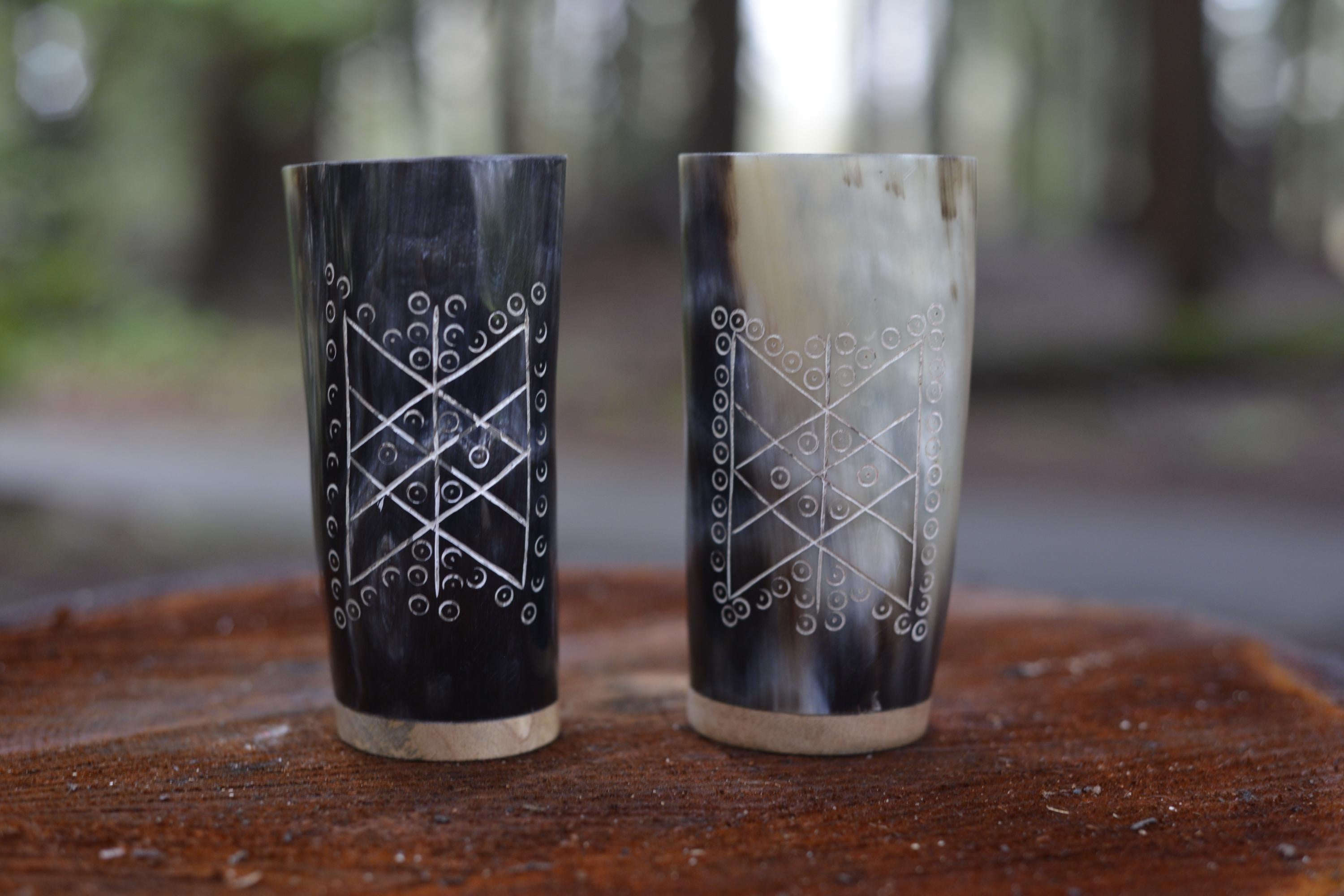 Viking Mug - HandCarved Ox Horn Drinking Cups Norse-Inspired Carved Design