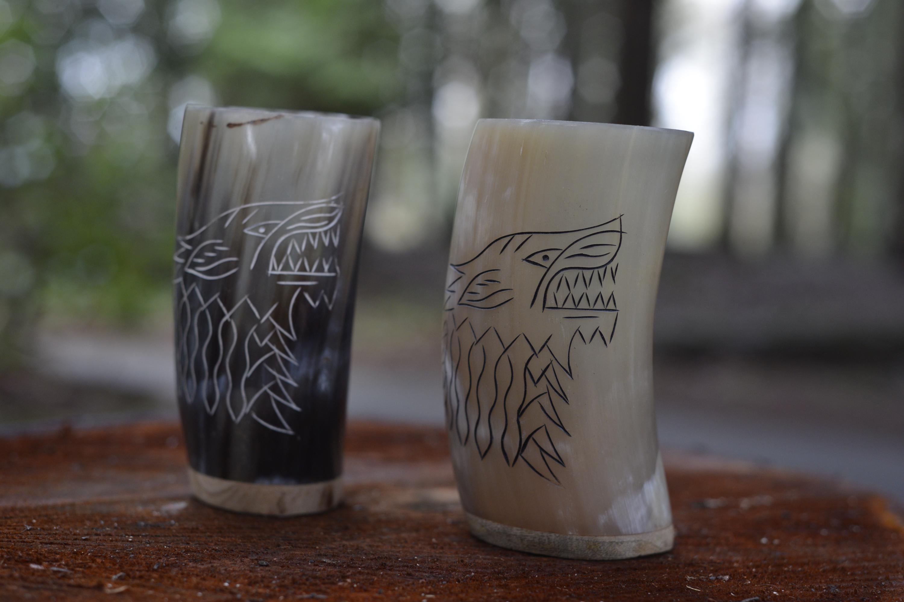 Viking Mug - HandCarved Ox Horn Drinking Cups Norse-Inspired Carved Design