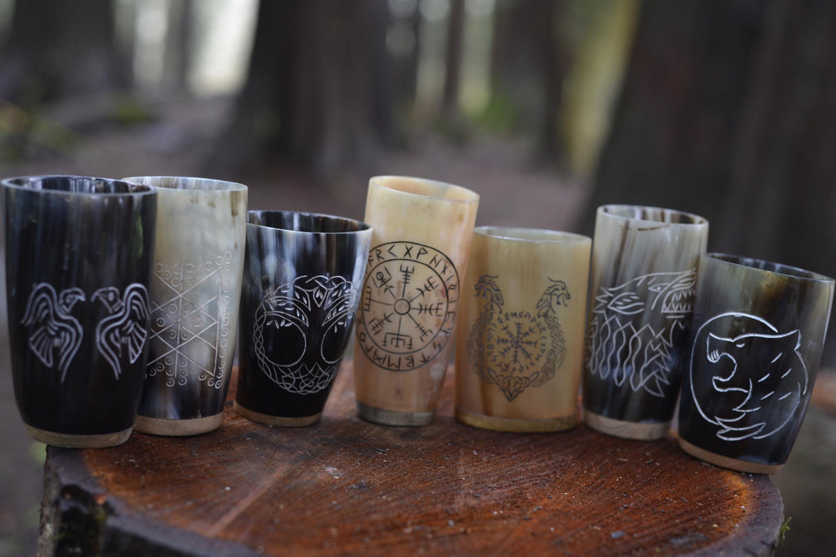 Viking Mug - HandCarved Ox Horn Drinking Cups Norse-Inspired Carved Design