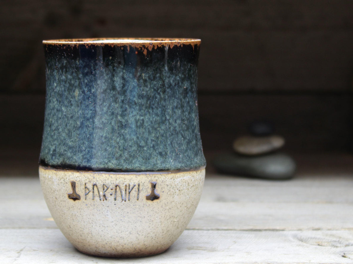 Viking Mug - Handmade Viking mug with runic inscriptions about the Norse gods, Norwegian style