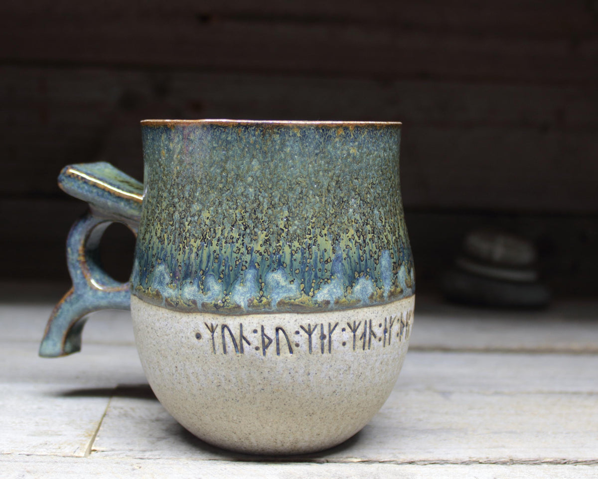 Viking Mug - Handmade Viking mug with runic inscriptions about the Norse gods, Norwegian style