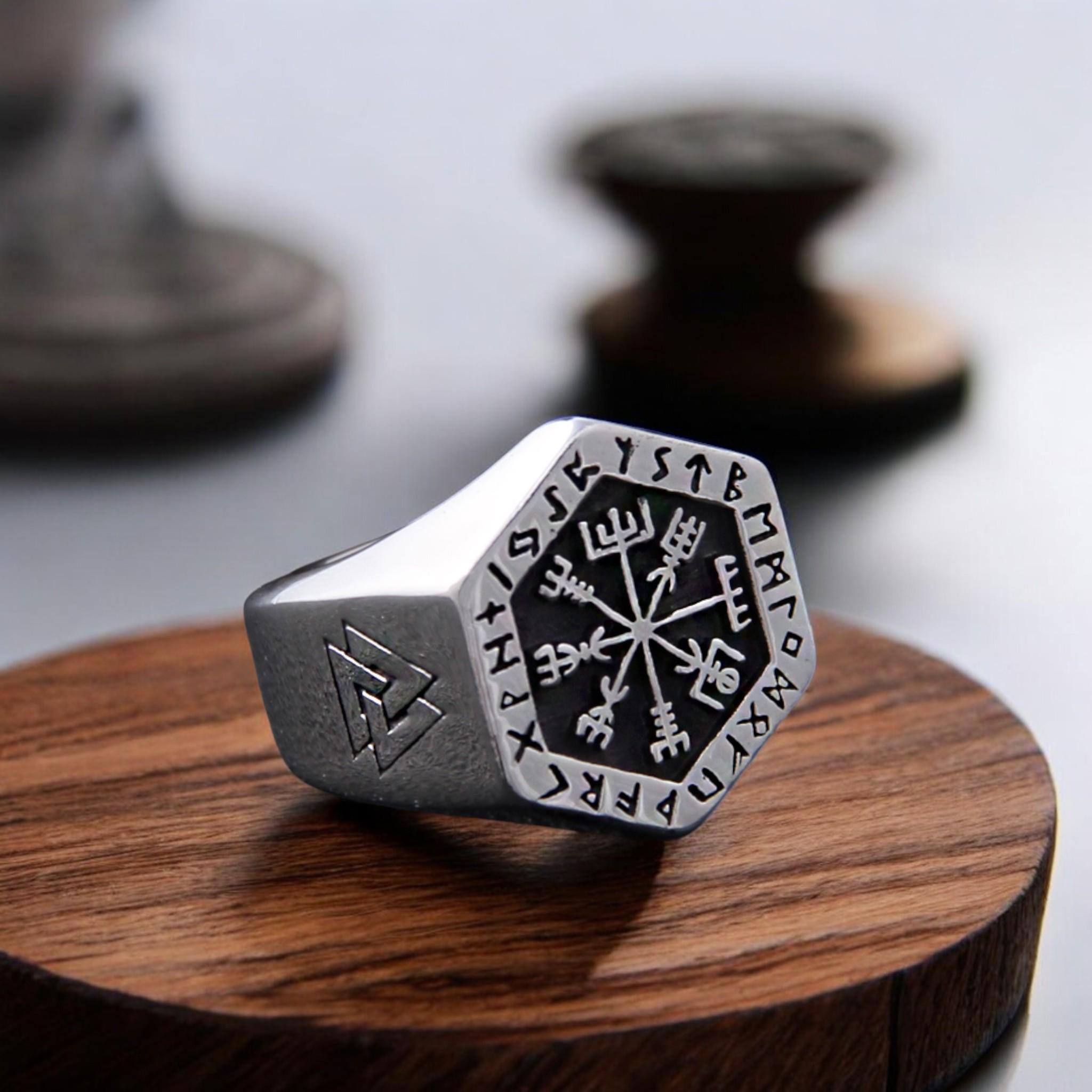Viking Rune Ring - Ancient Viking Ring For Men - Nordic Runes Ring, Black Viking Norse Ring
