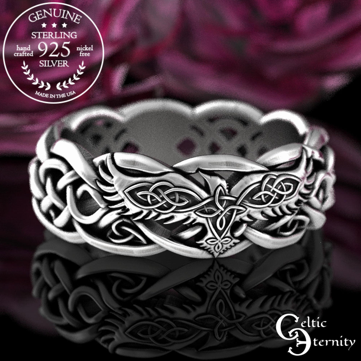 Viking Raven Ring - Sterling Silver Raven Ring, Celtic Knot Ring, Viking Raven Ring, Gothic Mens