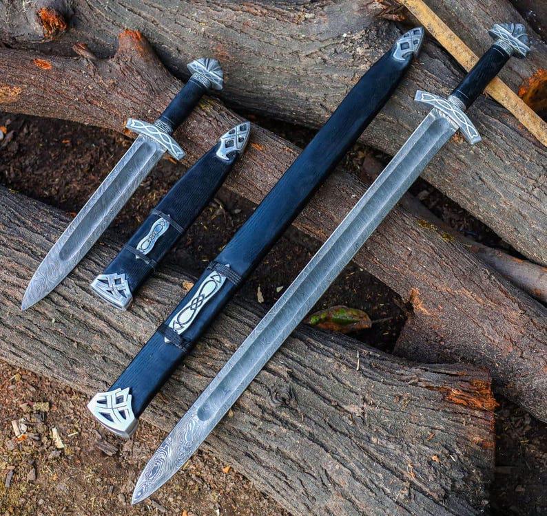 Viking Costume & LARP - 36” Damascus Northmen Sword with Scabbard, Handmade Collectible Medieval