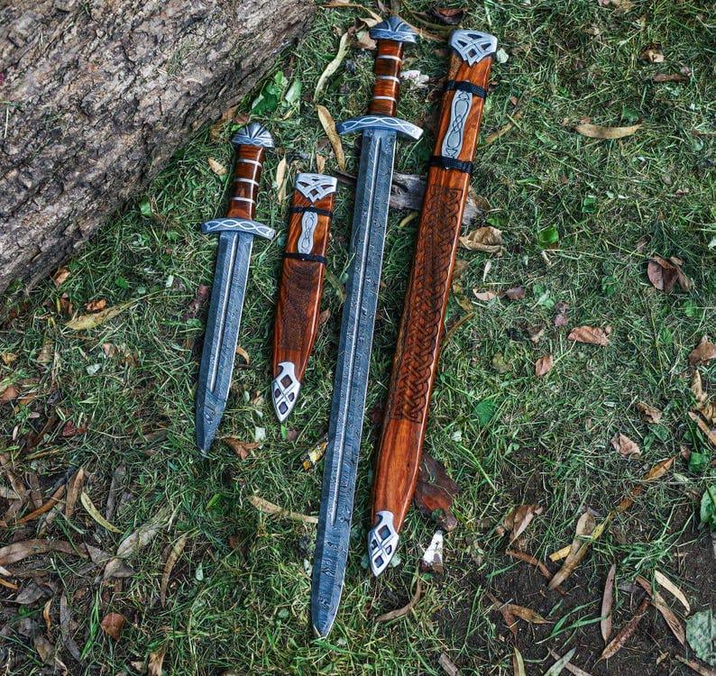 Viking Costume & LARP - 36” Damascus Northmen Sword with Scabbard, Handmade Collectible Medieval