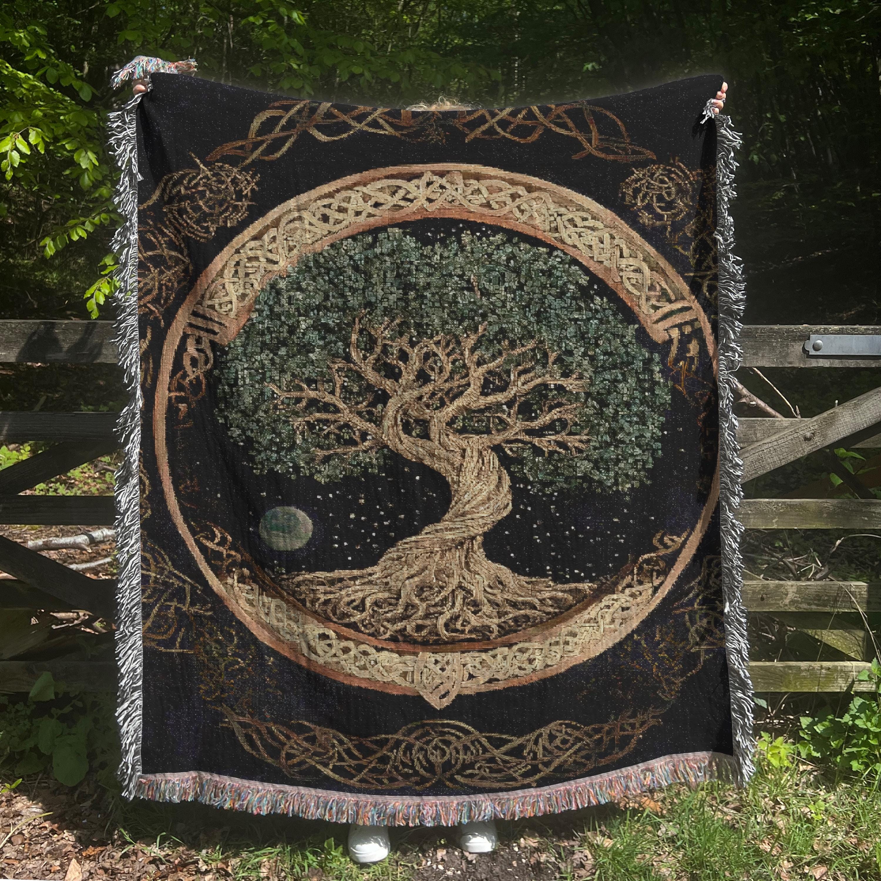 Viking Blanket - Viking Nordic Dragon Woven Cotton Throw Blanket, Fringed Tapestry Decor