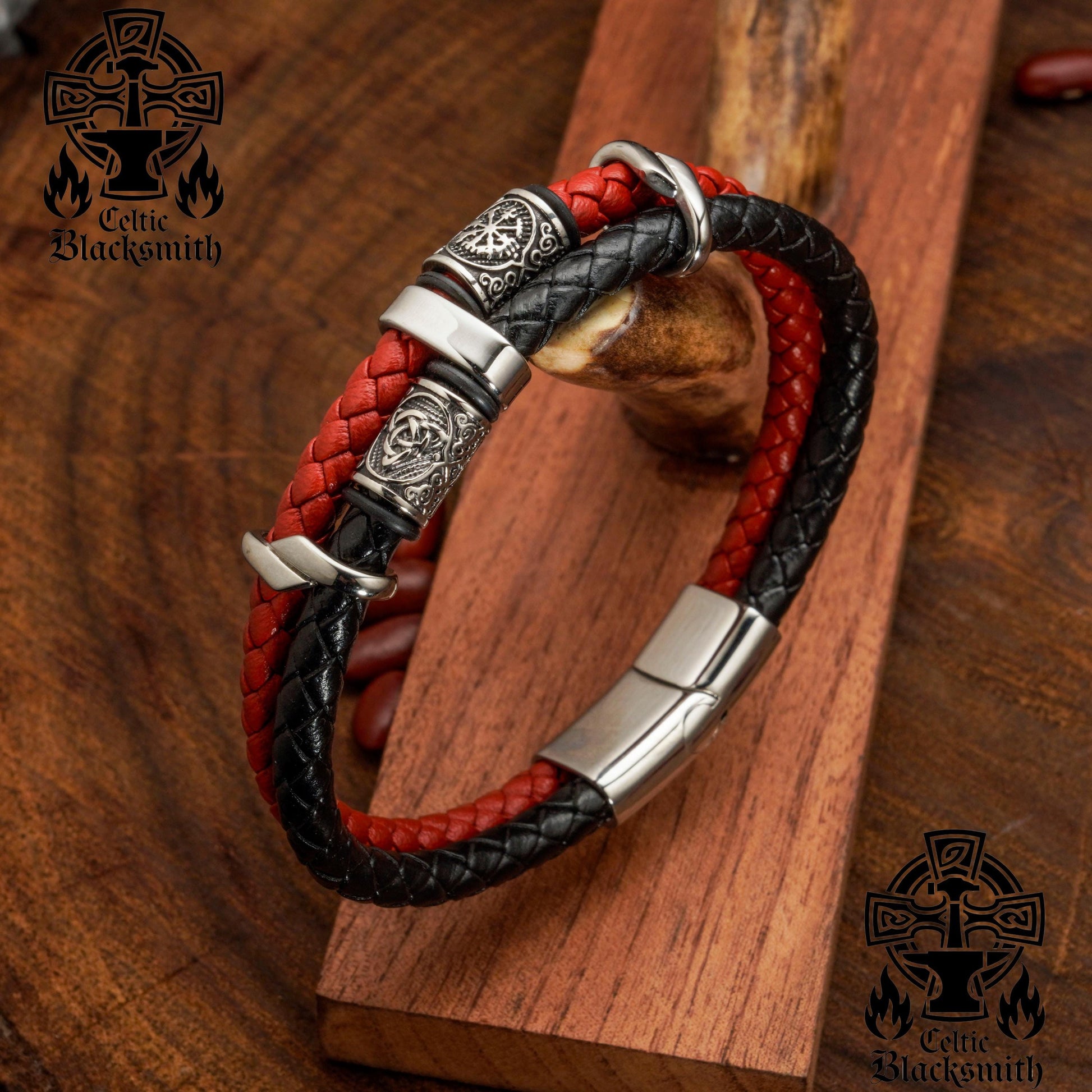 Viking Bracelet - Midnight Charm Double Black Braided Leather Cuff - Handmade Stylish Viking Steel
