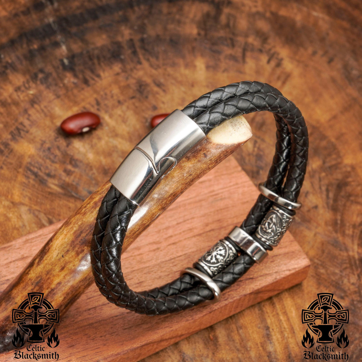 Viking Bracelet - Midnight Charm Double Black Braided Leather Cuff - Handmade Stylish Viking Steel