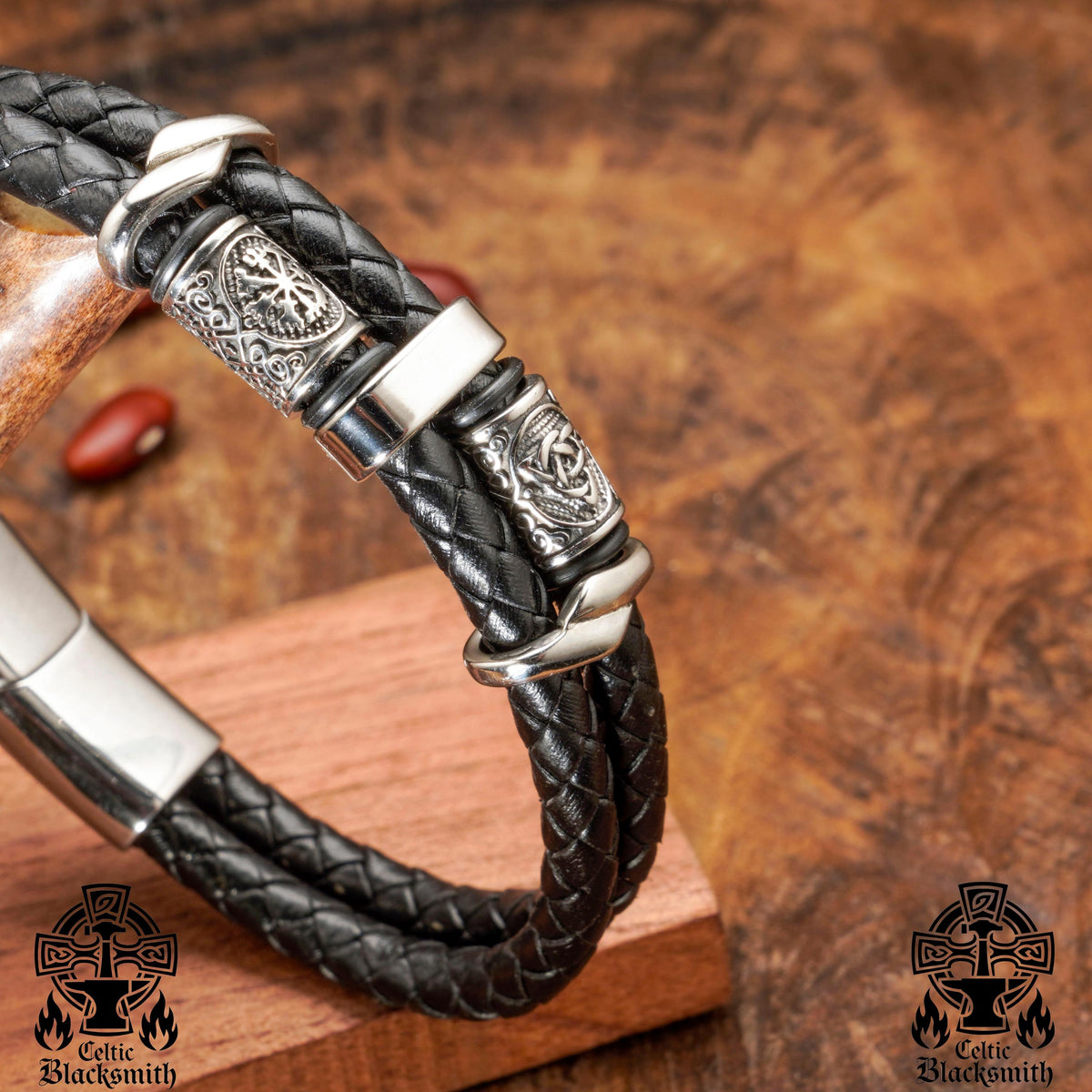 Viking Bracelet - Midnight Charm Double Black Braided Leather Cuff - Handmade Stylish Viking Steel