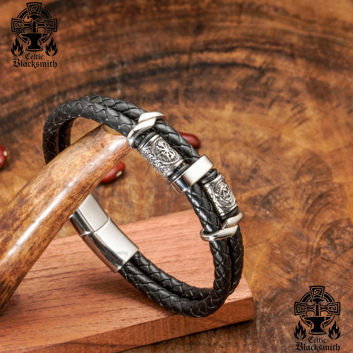 Viking Bracelet - Midnight Charm Double Black Braided Leather Cuff - Handmade Stylish Viking Steel