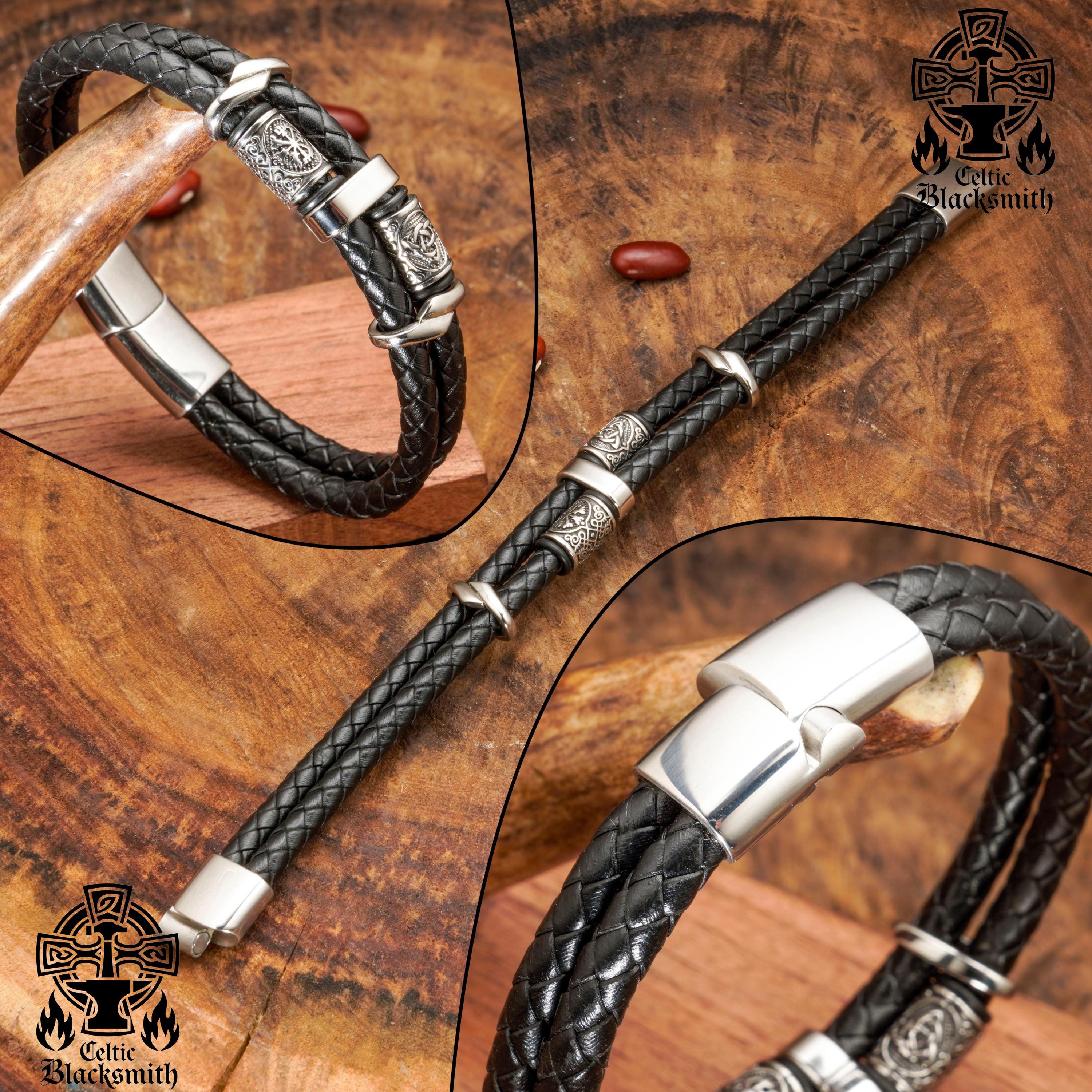 Viking Bracelet - Midnight Charm Double Black Braided Leather Cuff - Handmade Stylish Viking Steel