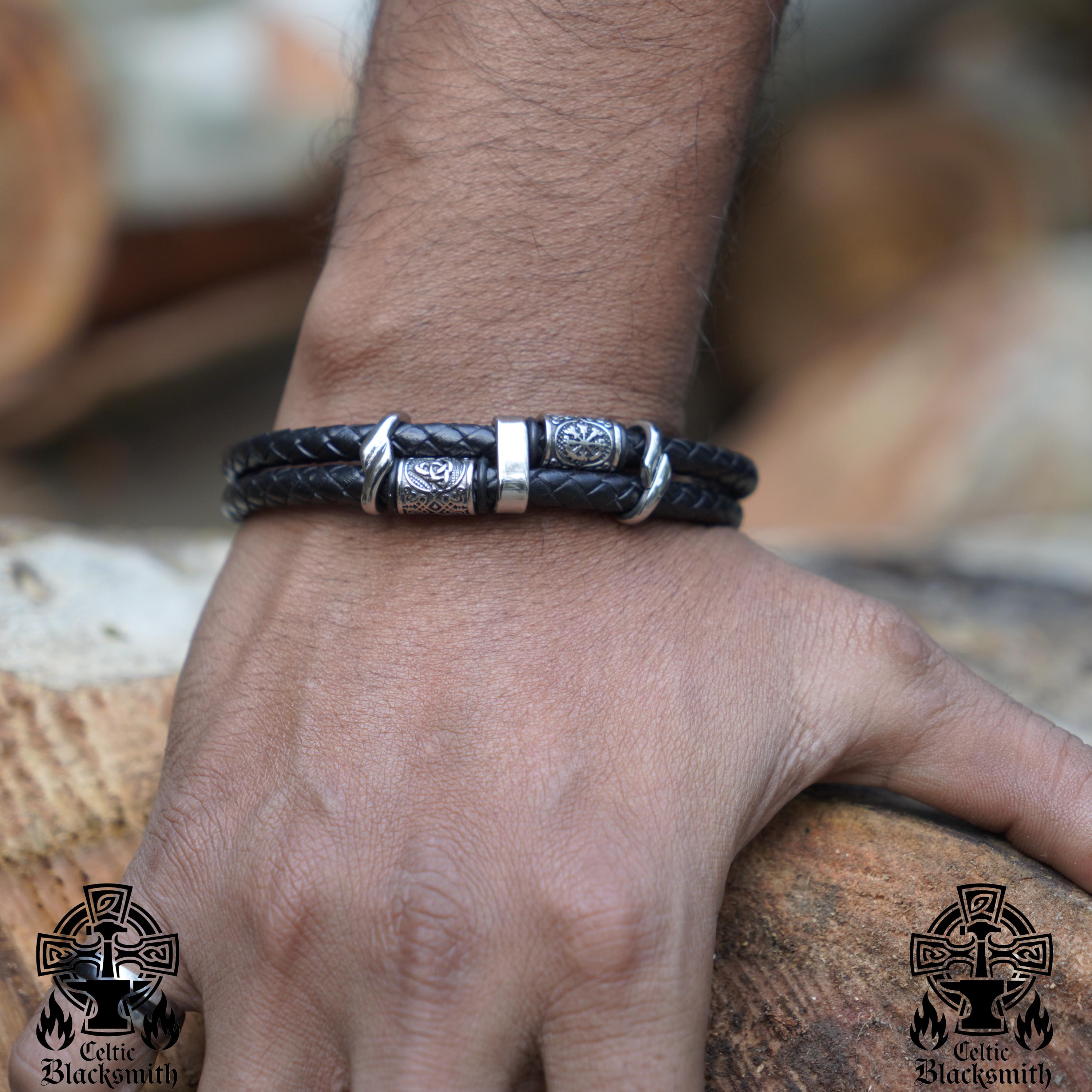 Viking Bracelet - Midnight Charm Double Black Braided Leather Cuff - Handmade Stylish Viking Steel