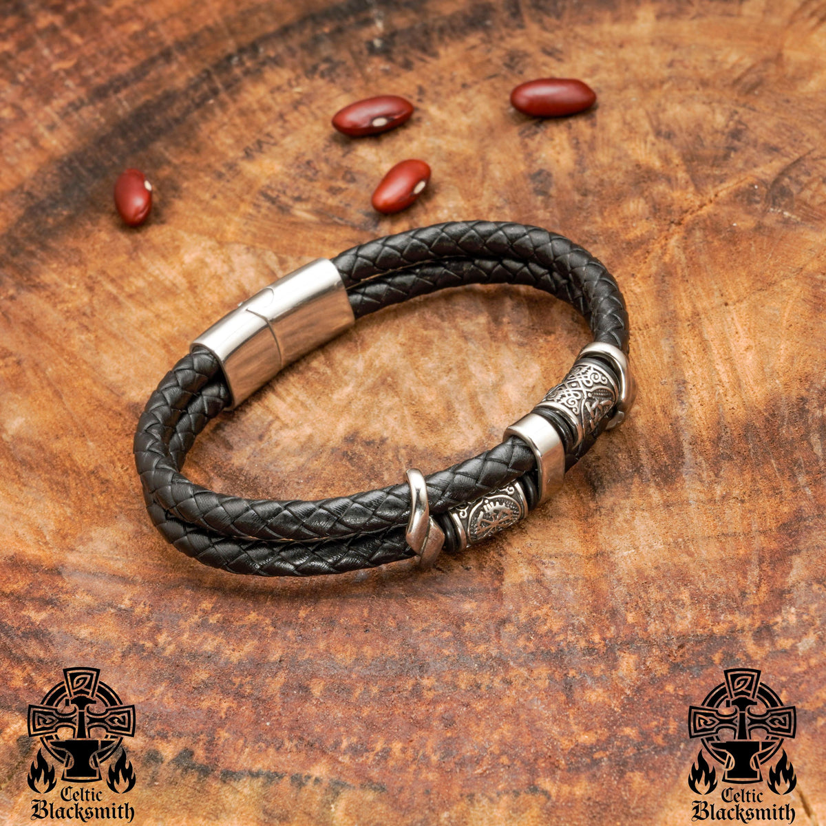 Viking Bracelet - Midnight Charm Double Black Braided Leather Cuff - Handmade Stylish Viking Steel