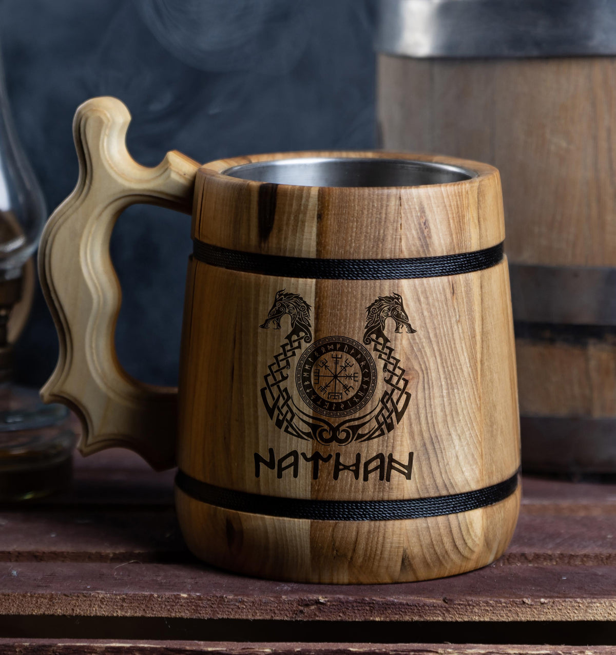 Viking Mug - Personalized Wooden Beer Mug: Custom Engraved Viking Tankard, Oak or Walnut