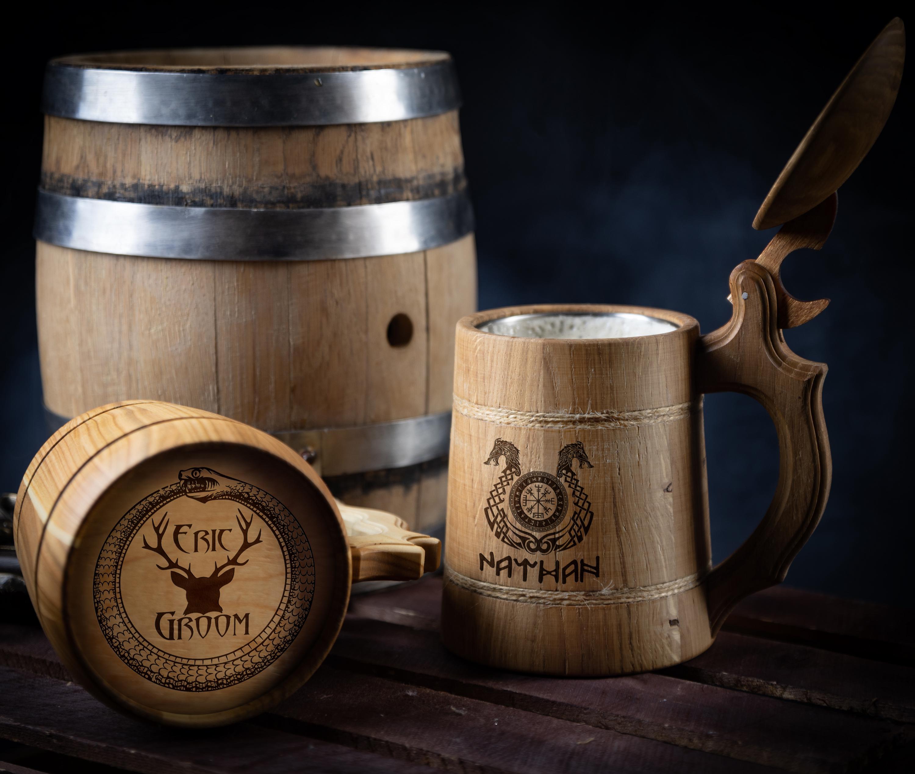 Viking Mug - Personalized Wooden Beer Mug: Custom Engraved Viking Tankard, Oak or Walnut