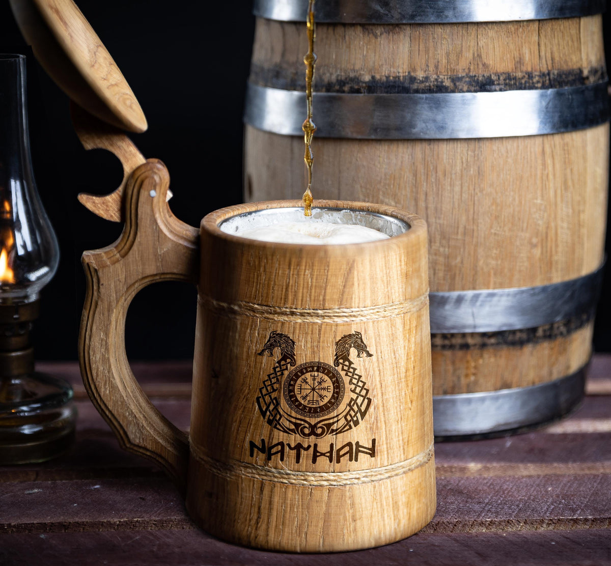 Viking Mug - Personalized Wooden Beer Mug: Custom Engraved Viking Tankard, Oak or Walnut