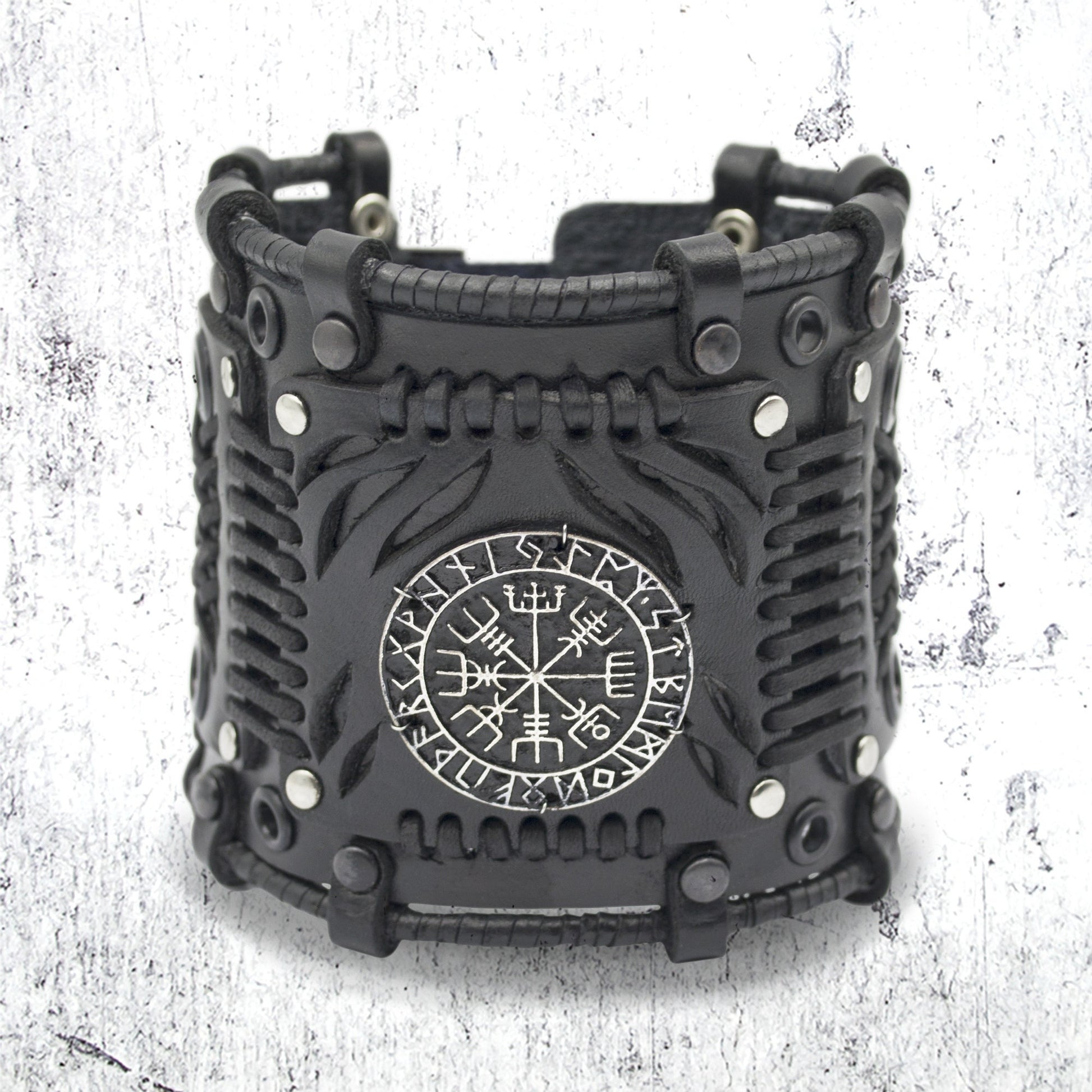 Viking Vegvisir Compass Bracelet - Steampunk Vegvisir Bracelet: Black Leather Viking Style Cuff