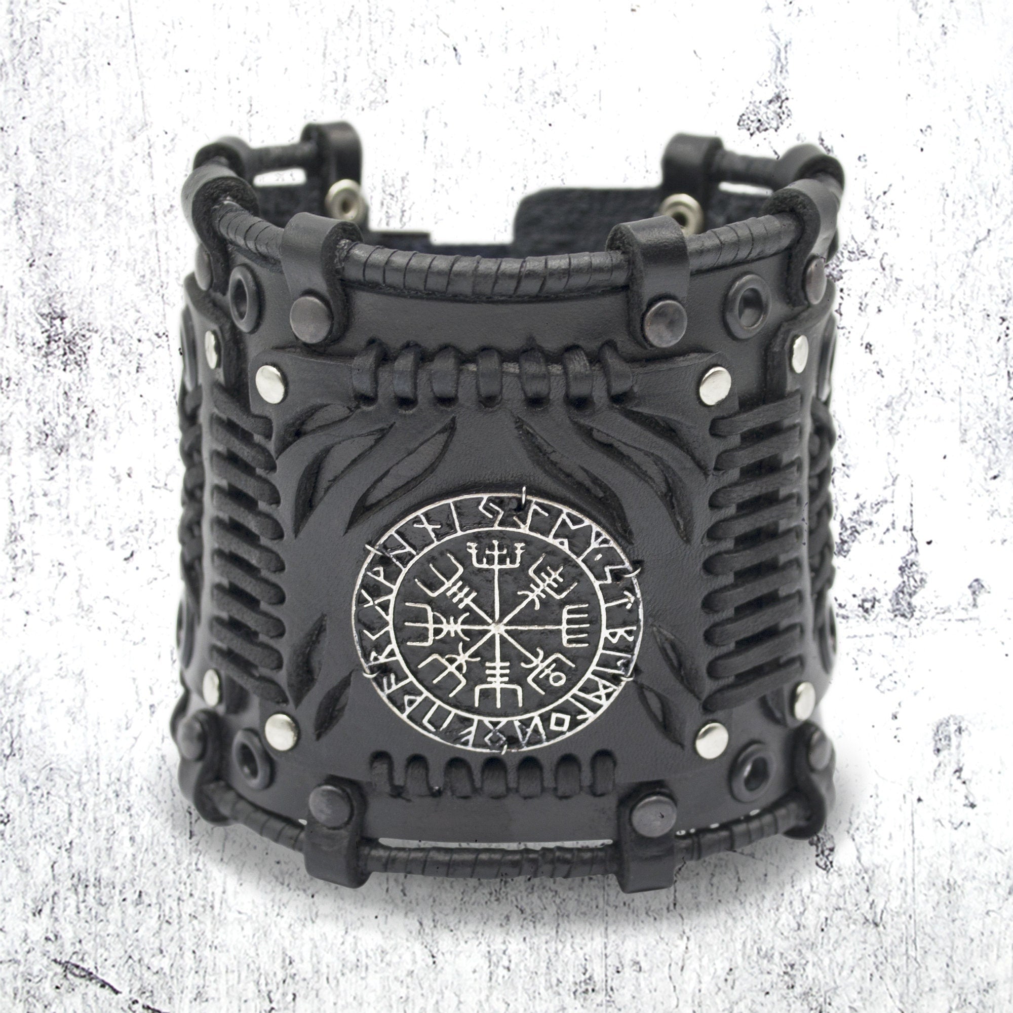 Viking Vegvisir Compass Bracelet - Steampunk Vegvisir Bracelet: Black Leather Viking Style Cuff