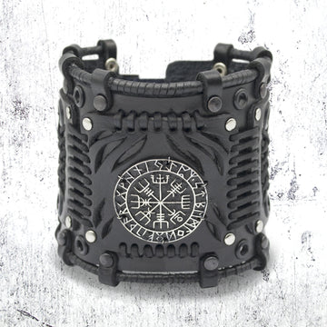 Viking Vegvisir Compass Bracelet - Steampunk Vegvisir Bracelet: Black Leather Viking Style Cuff