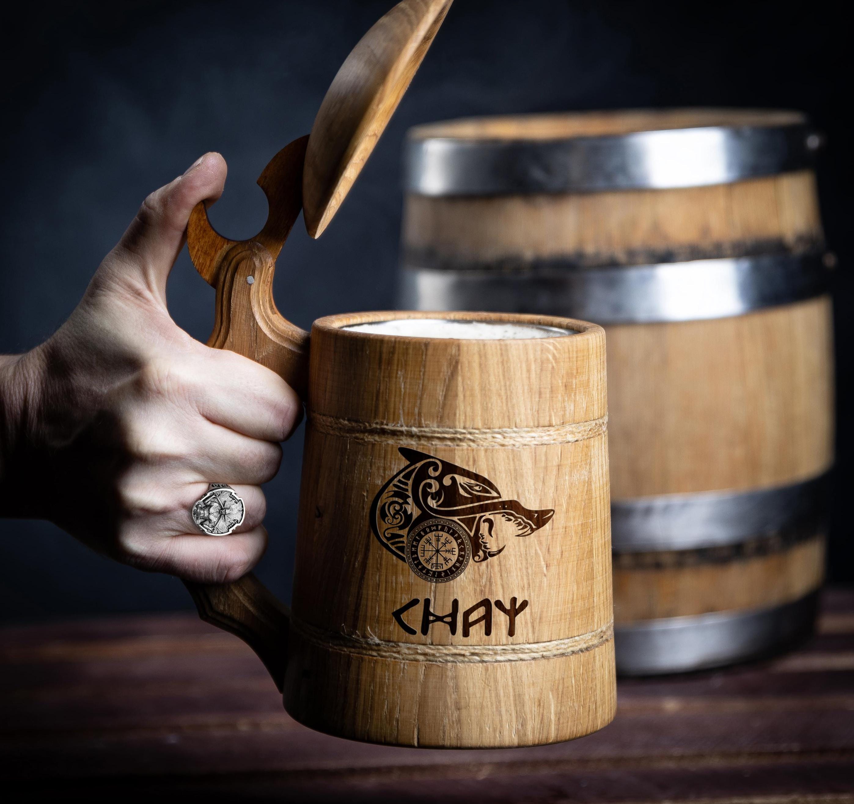 Viking Mug - Personalized Wooden Beer Mug: Custom Engraved Viking Tankard, Oak or Walnut