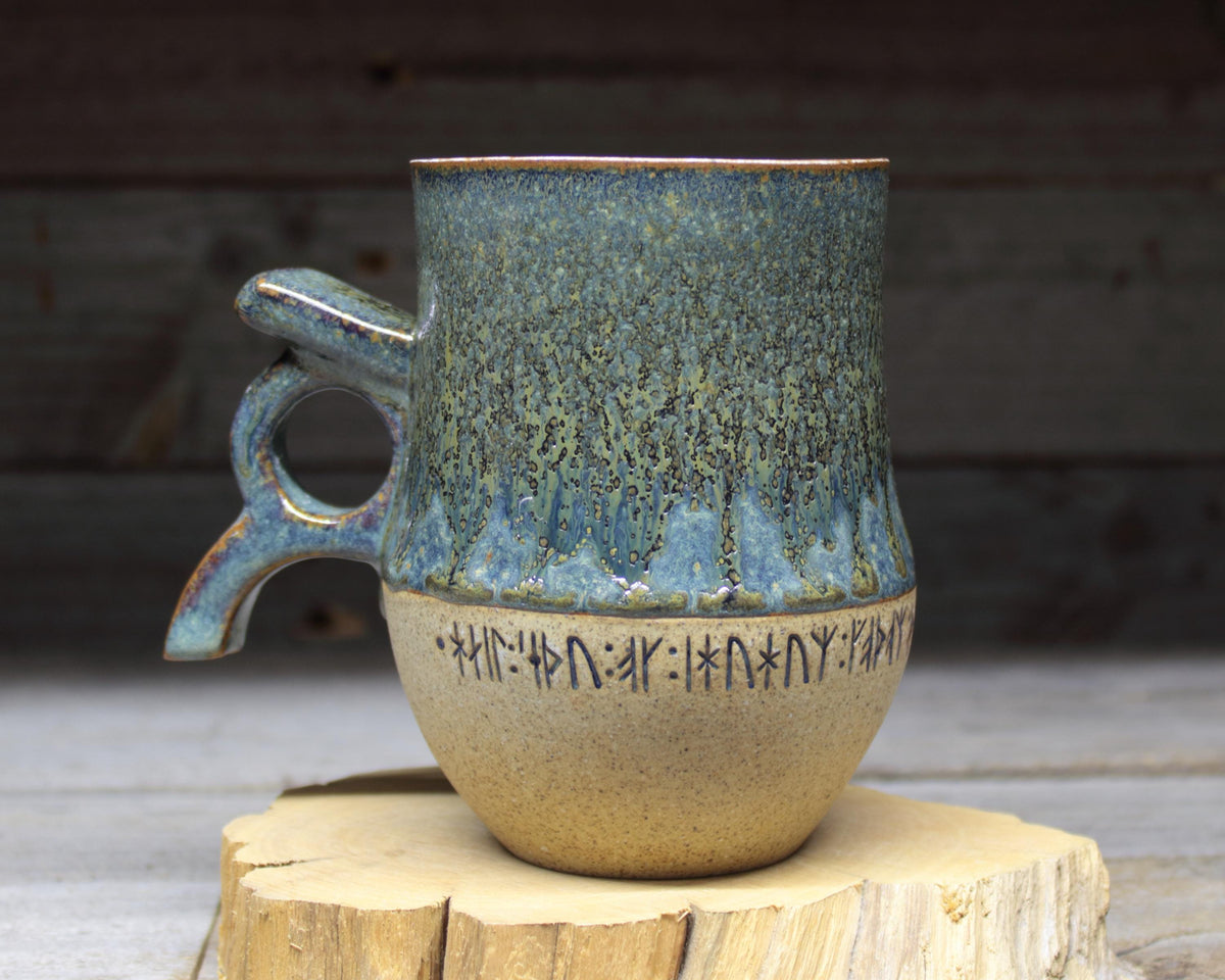 Viking Mug - Handmade Viking mug with runic inscriptions about the Norse gods, Norwegian style