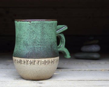 Viking Mug - Handmade Viking mug with runic inscriptions about the Norse gods, Norwegian style