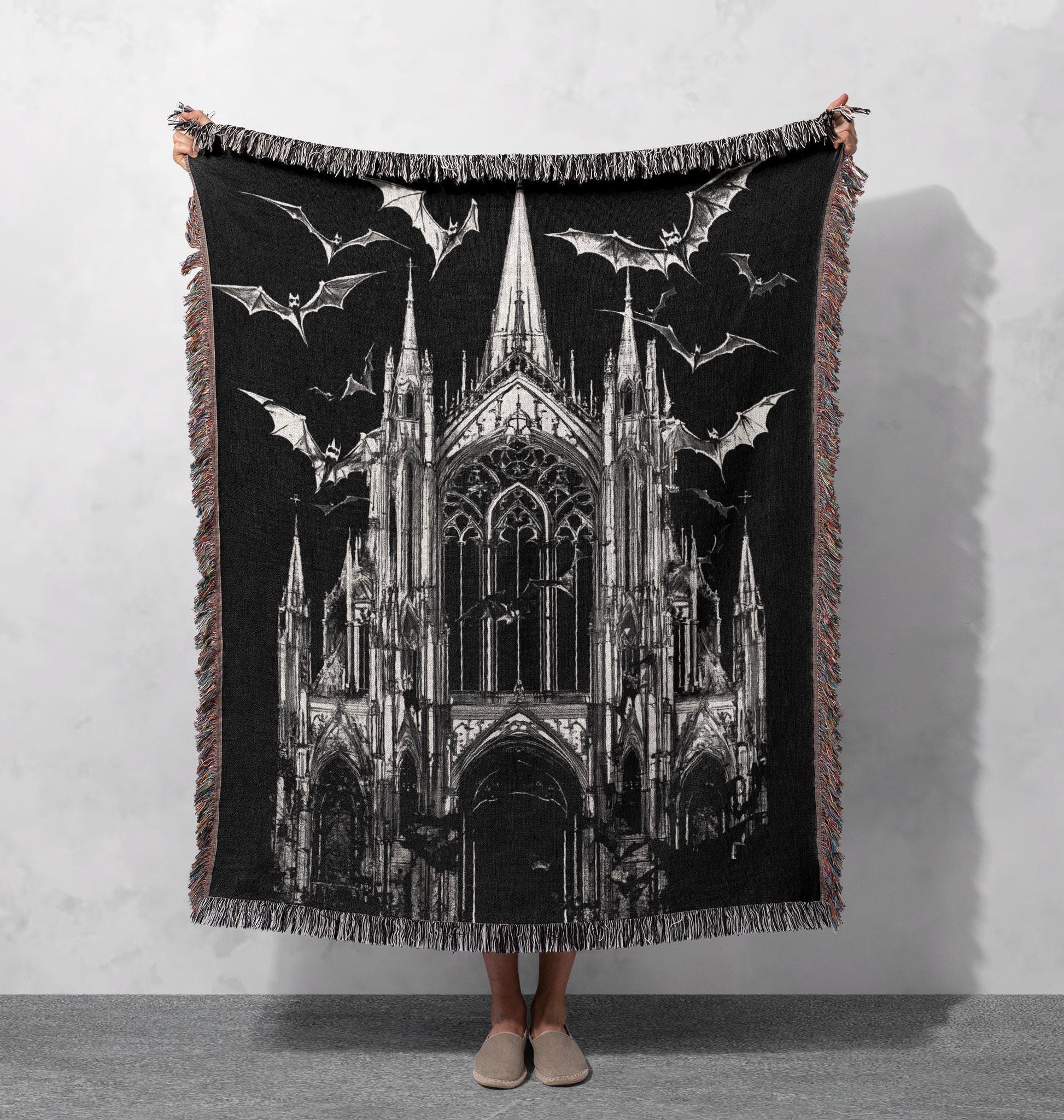 Viking Wolf Blanket - Norse Raven 100% Cotton Woven Blanket, Mythic Tree Wolf Longship Throw