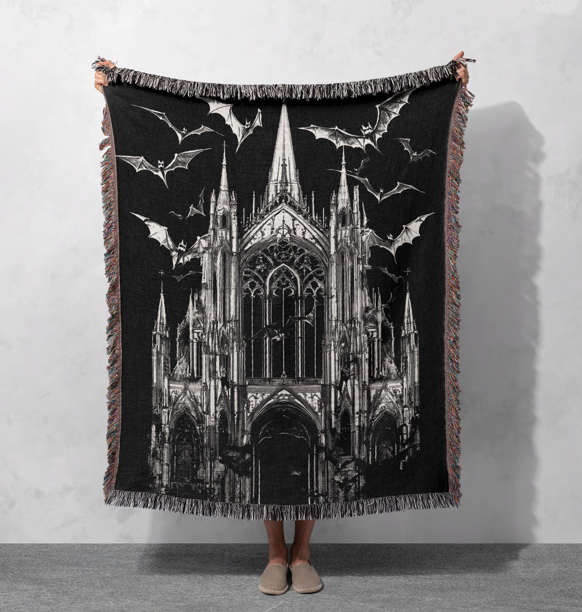 Viking Wolf Blanket - Norse Raven 100% Cotton Woven Blanket, Mythic Tree Wolf Longship Throw