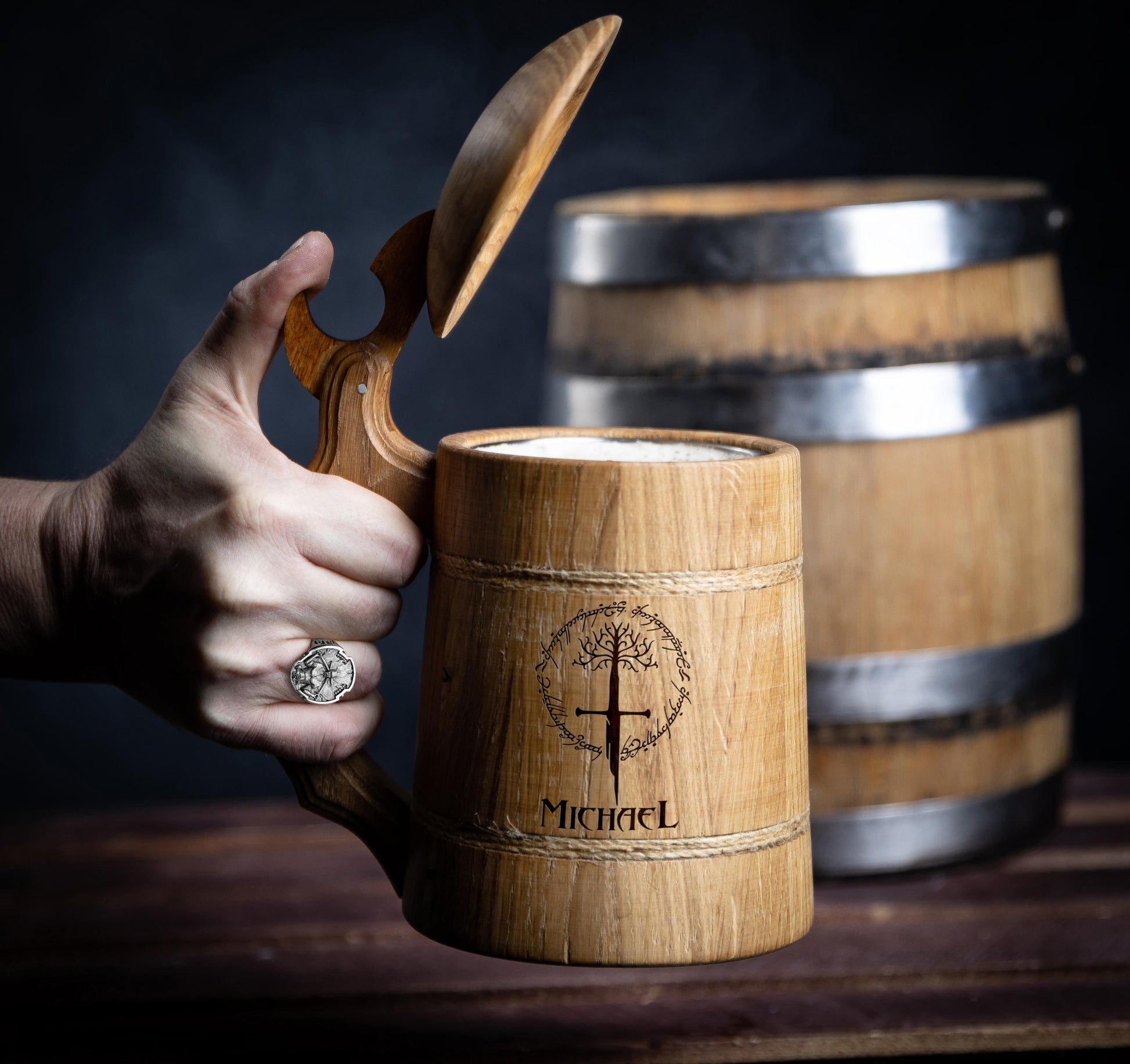 Viking Mug - Personalized Wooden Beer Mug: Custom Engraved Viking Tankard, Oak or Walnut