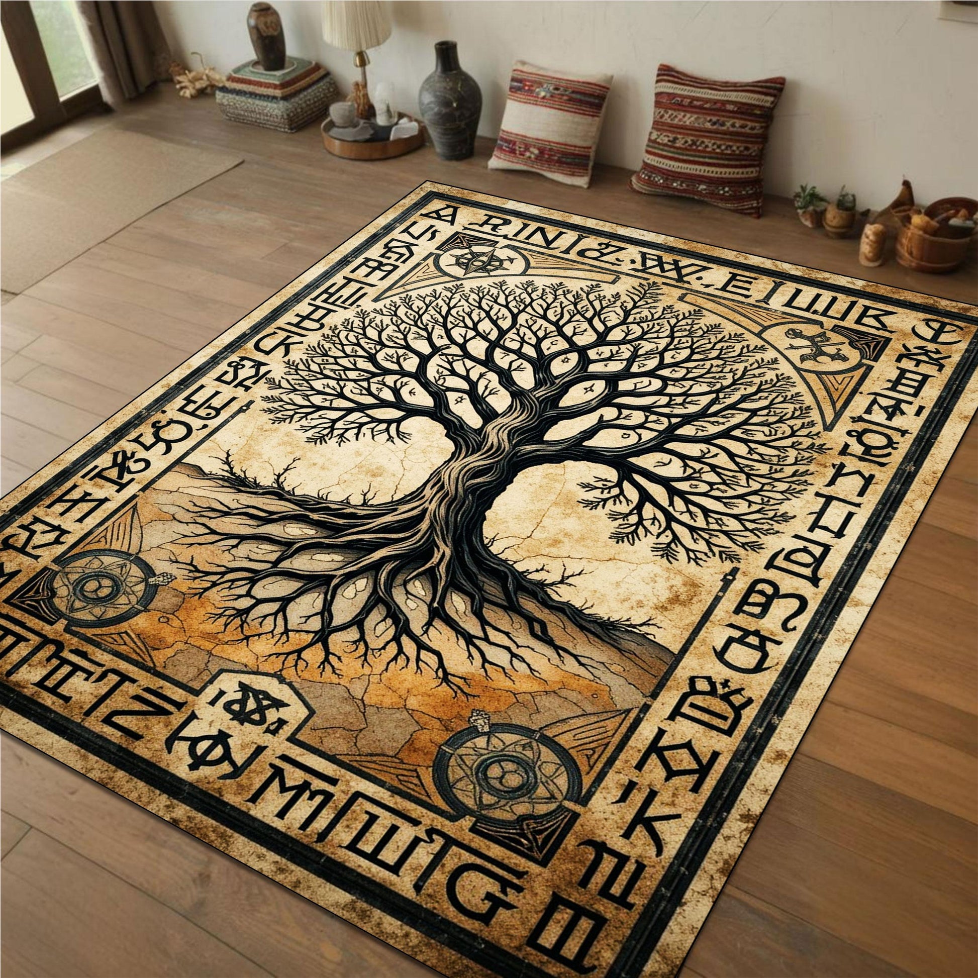 Viking Yggdrasil Tree of Life Rug - Yggdrasil Tree of Life Rug, Nordic Mythology Rug, Viking Runes