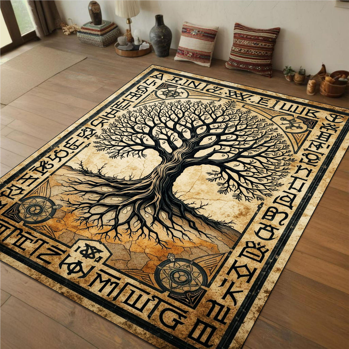 Viking Yggdrasil Tree of Life Rug - Yggdrasil Tree of Life Rug, Nordic Mythology Rug, Viking Runes
