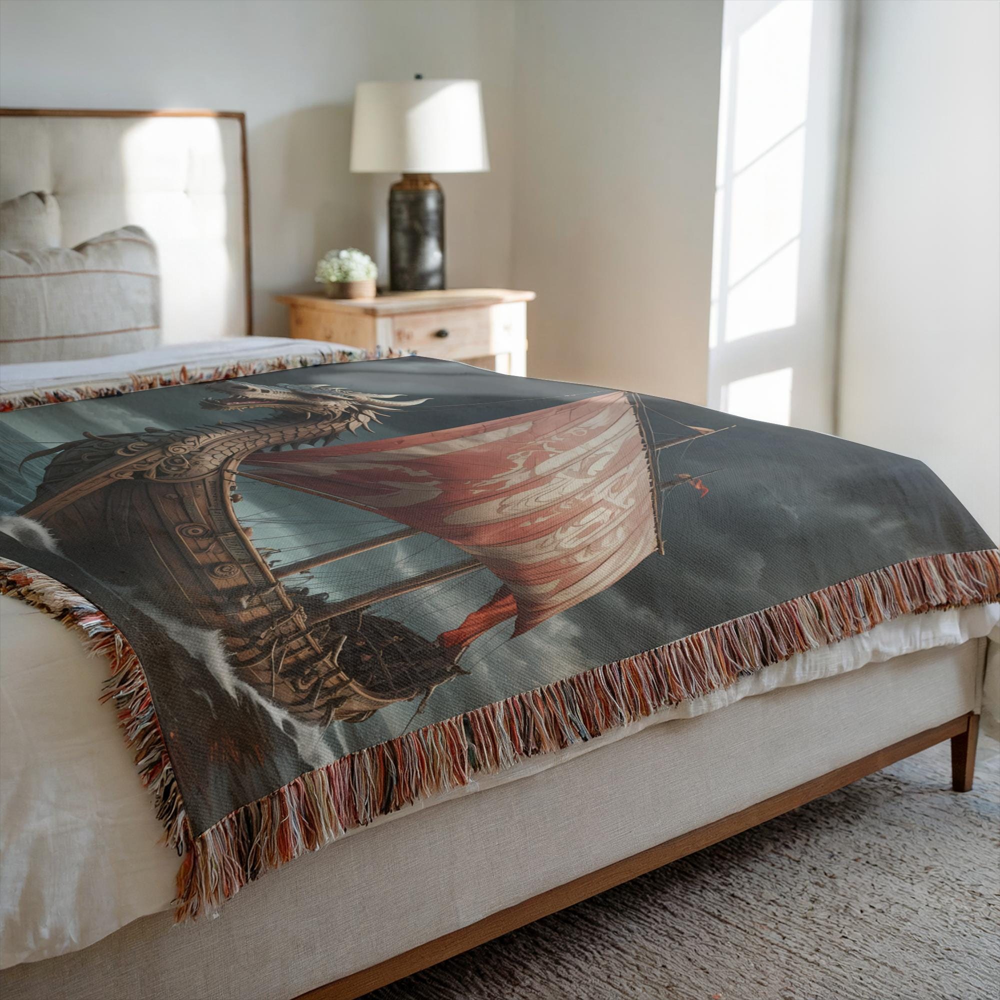 Viking Longship Blanket - Viking Longship Woven Blanket, Norse Storm Sea Tapestry, Dragon Boat
