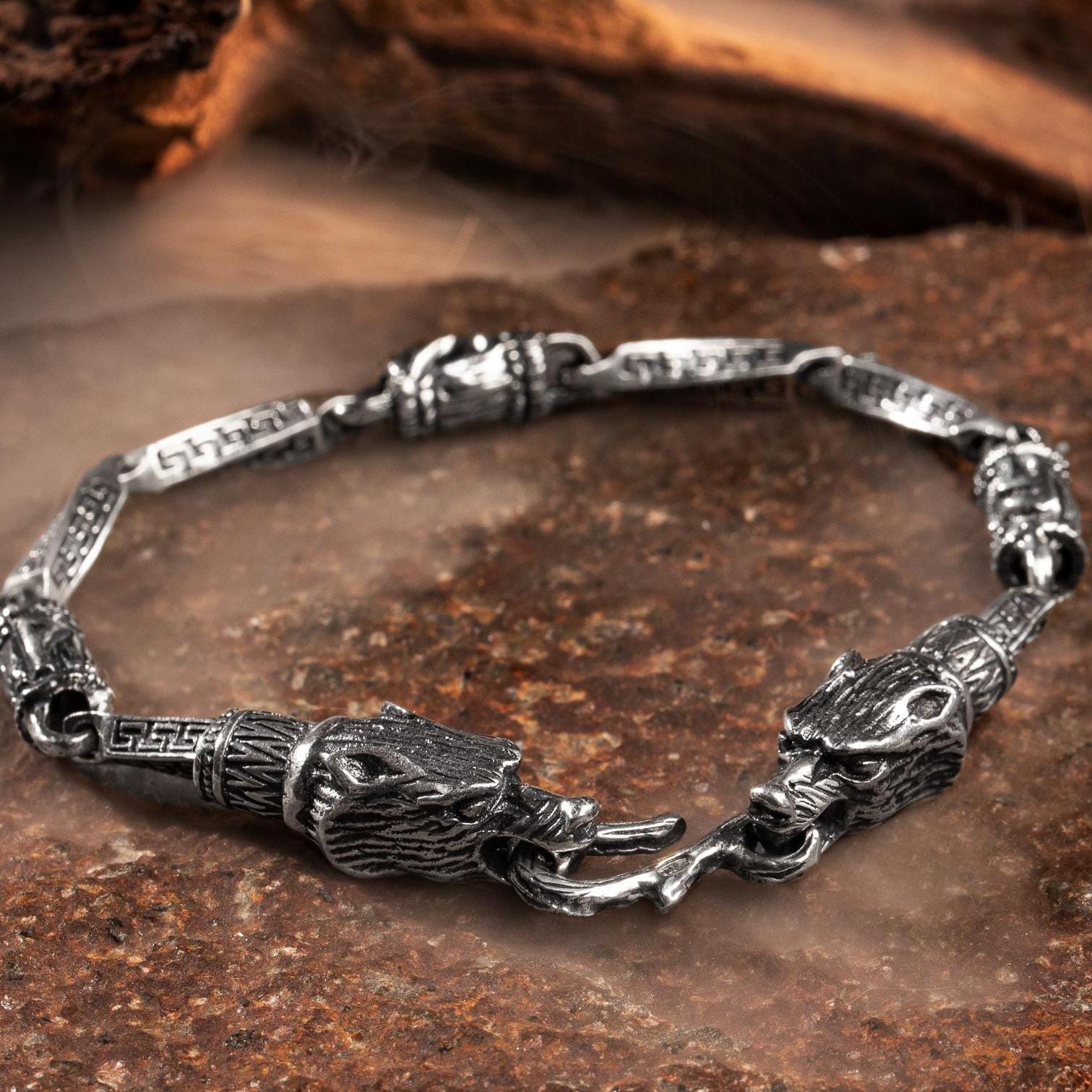 Viking Wolf Bracelet - Sterling Silver Viking Wolf Bracelet with Runes – Nordic Mythology Jewelry